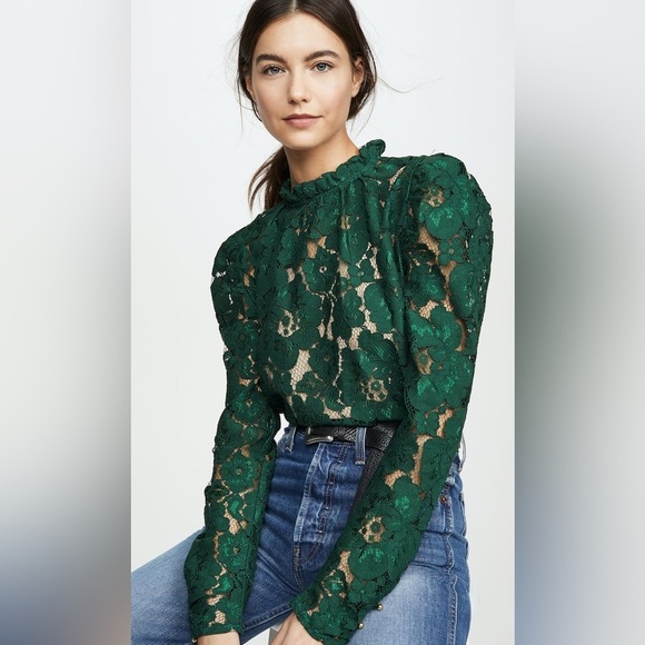 WAYF Emma Puff Sleeve Lace Top In Hunter - Picture 1 of 12